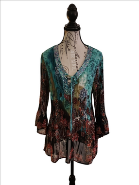 dressbarn Teal and Brown Floral Beaded V-Neck Tunic size 1X